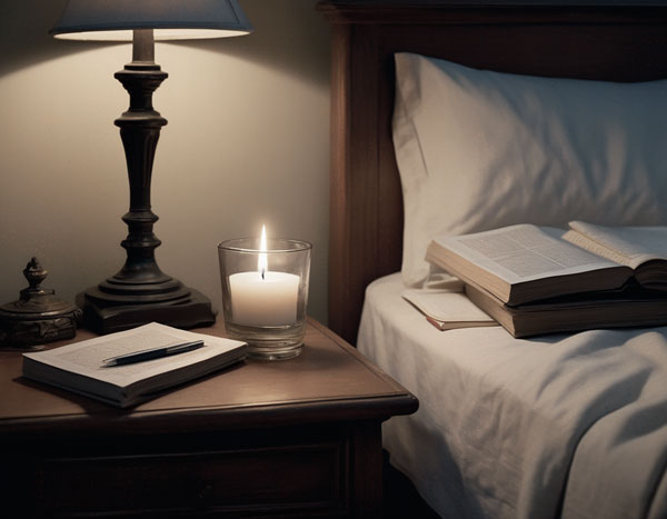 verlassenes Bett, voll mit Büchern und Kerze auf dem Nachttisch.